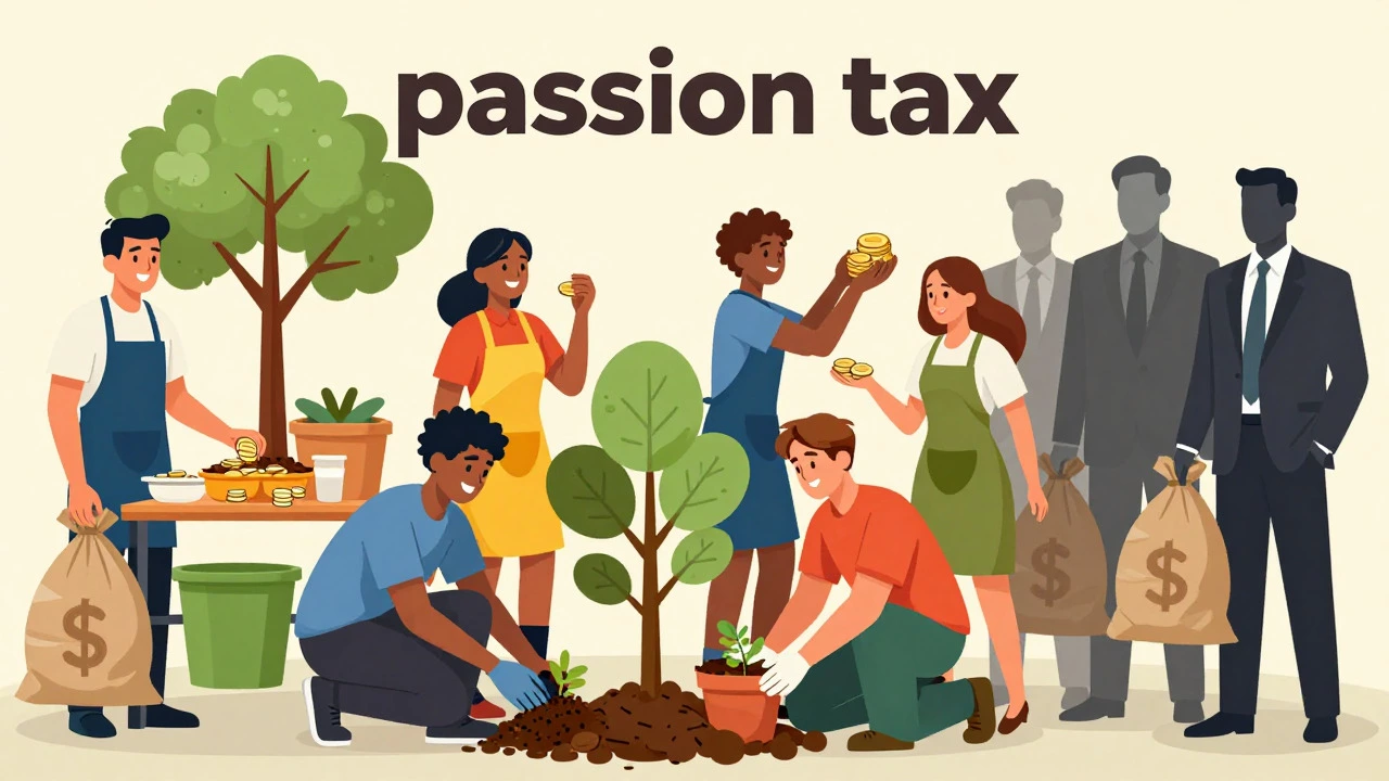 Charity workers holding small coins while enjoying meaningful work, contrasting with wealthy corporate figures