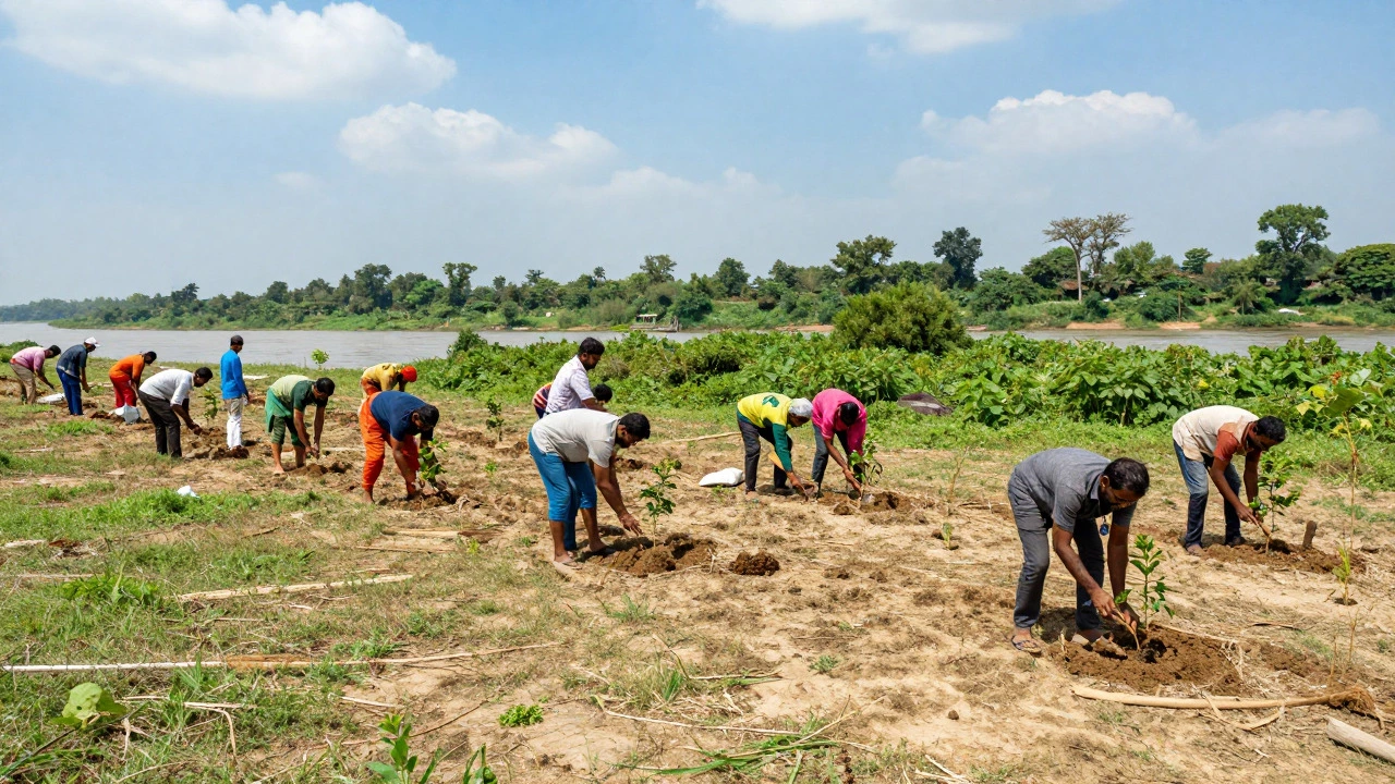 Group planting trees for environmental restoration