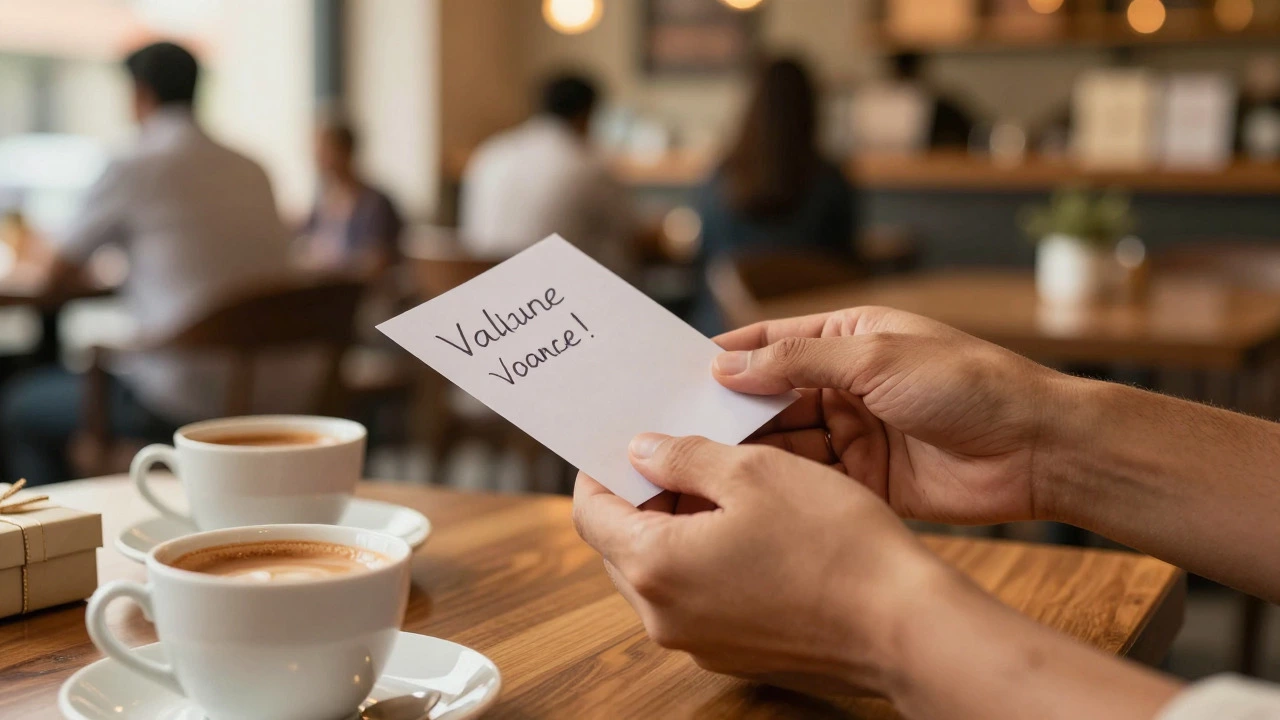 Hands exchanging a handwritten note and chai in a warm cafe setting