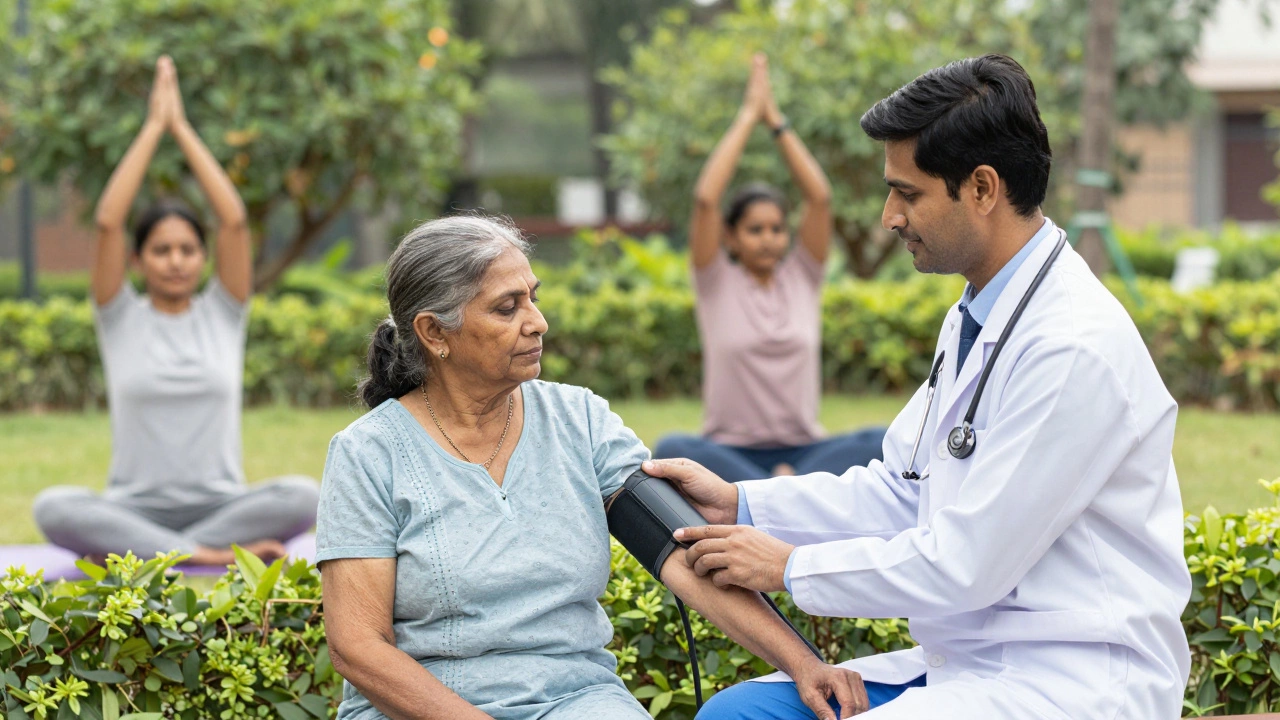 Healthcare worker checking patient vitals in a peaceful garden setting