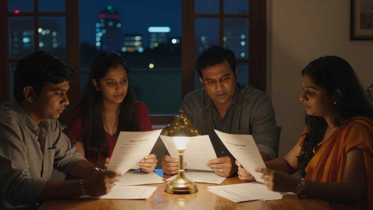 Indian family reviewing financial plans at night, considering charitable trusts.
