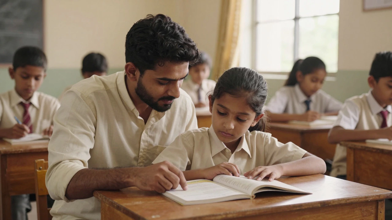 Mentor helping a child with reading in a classroom