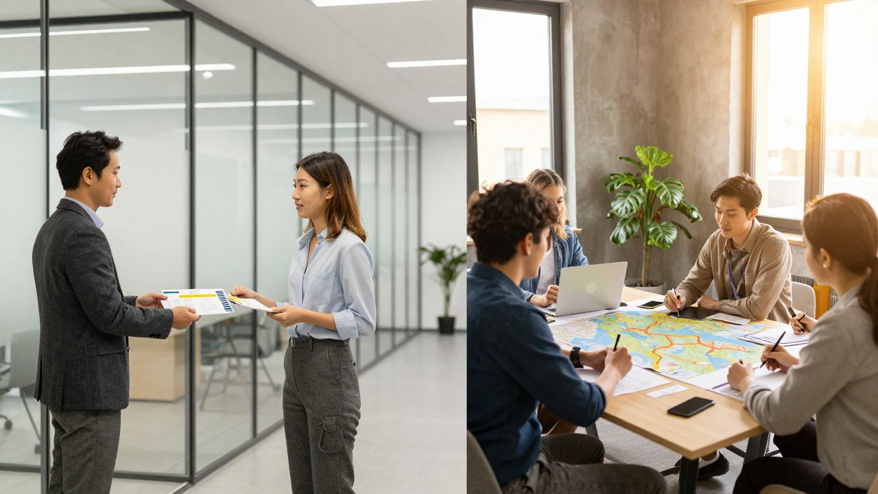 Split view comparing high-paying corporate office with purposeful nonprofit workspace