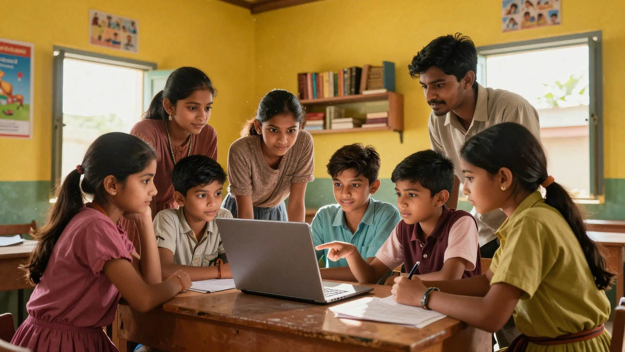 Students learning digital skills together in a bright rural classroom
