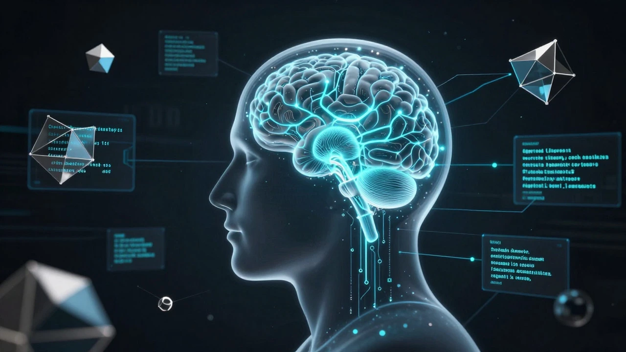 Abstract visualization of neural networks and data within a human head