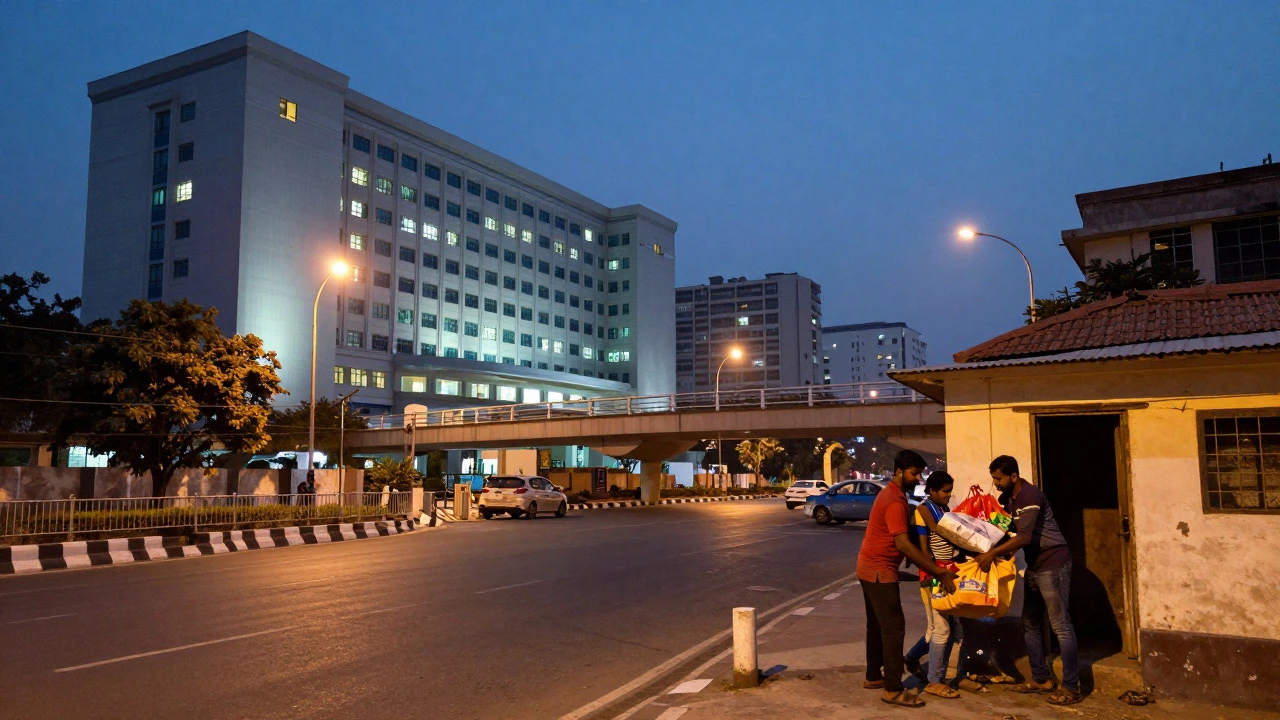 Cityscape showing a hospital and volunteers helping families at dusk