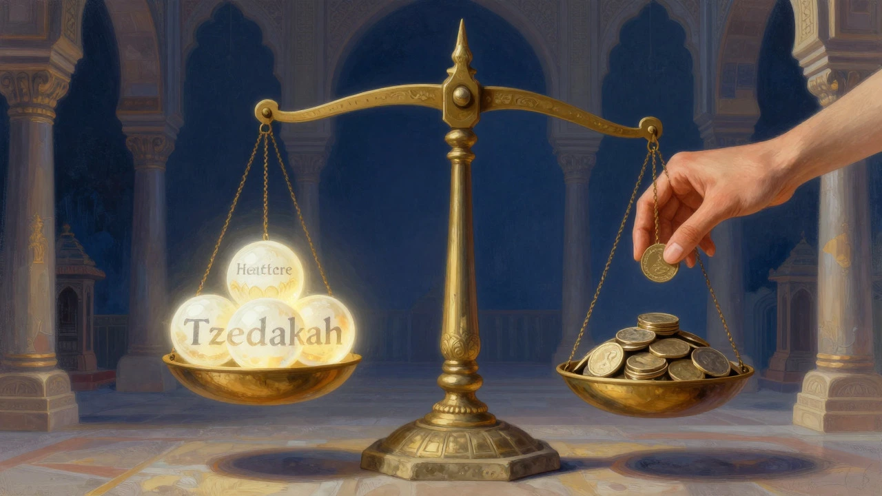 Conceptual art of a balance scale weighing coins against glowing orbs of aid