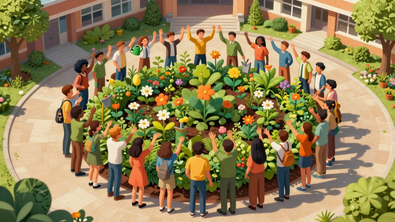 Conceptual illustration of a growing student community as a thriving garden
