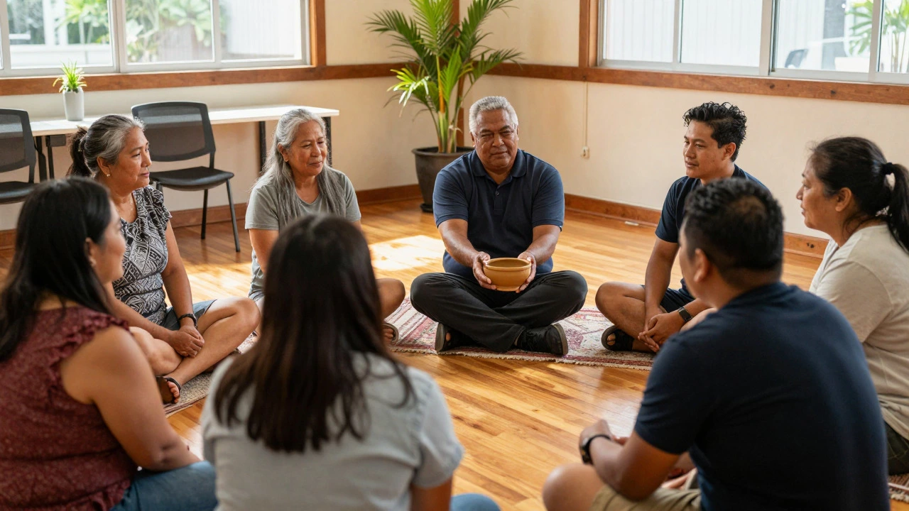 Diverse community group sharing tea in a sunlit New Zealand room