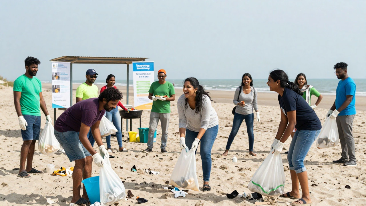 Diverse volunteers enjoying a community beach cleanup event together