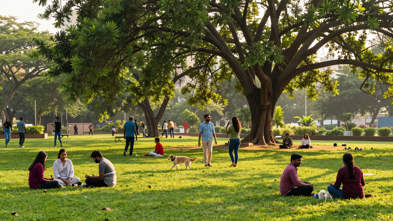 People finding peace and connection in a sunny urban park