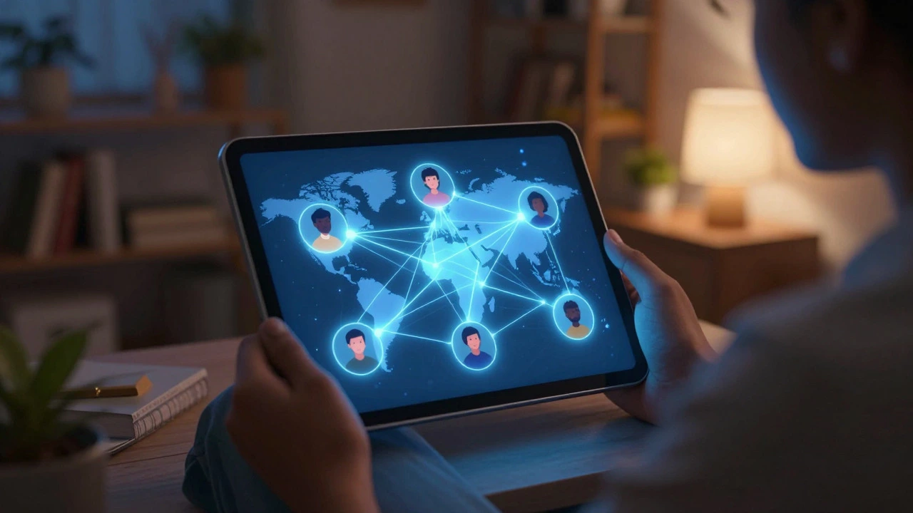 Person connecting with others via tablet in a cozy home setting