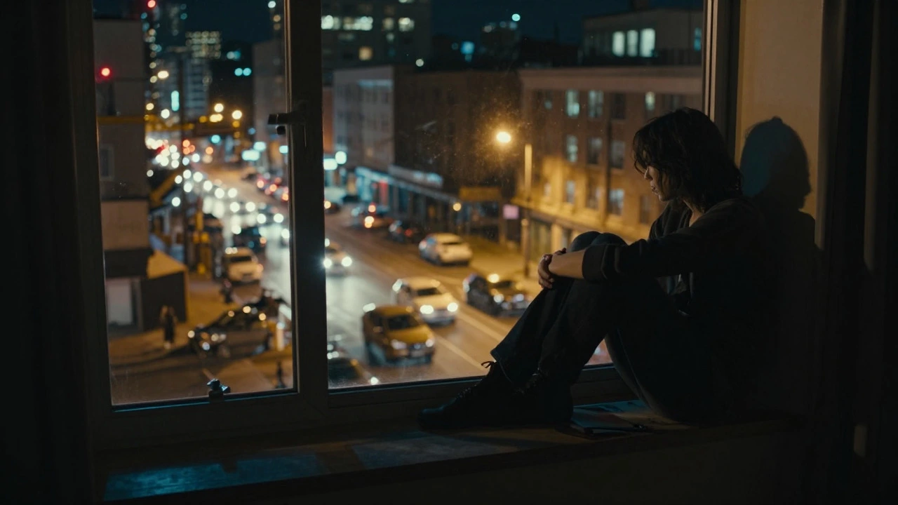 Person feeling isolated and stressed by loud city noise at night