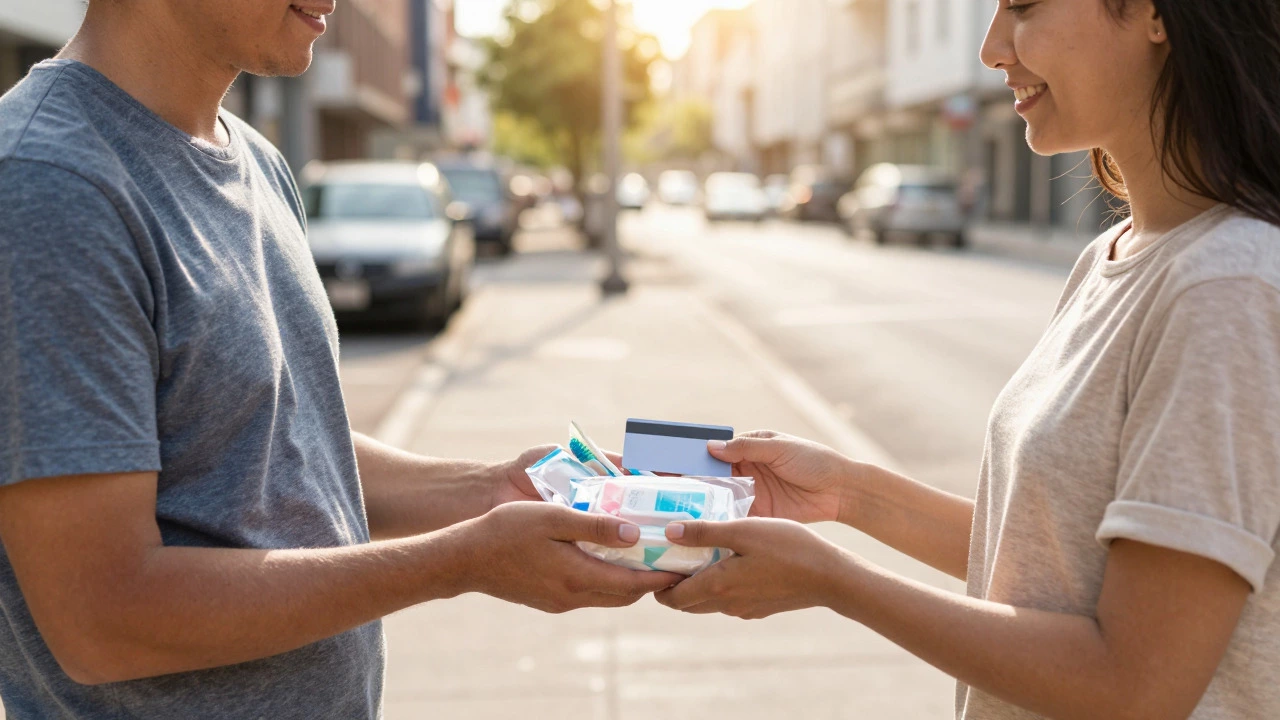 Respectful exchange of sealed hygiene kits and gift cards on a sunny street