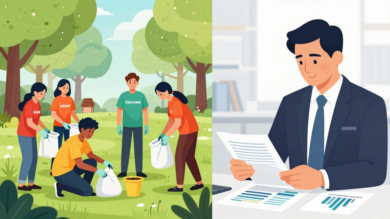 Split view contrasting volunteer community service with paid strategic planning.