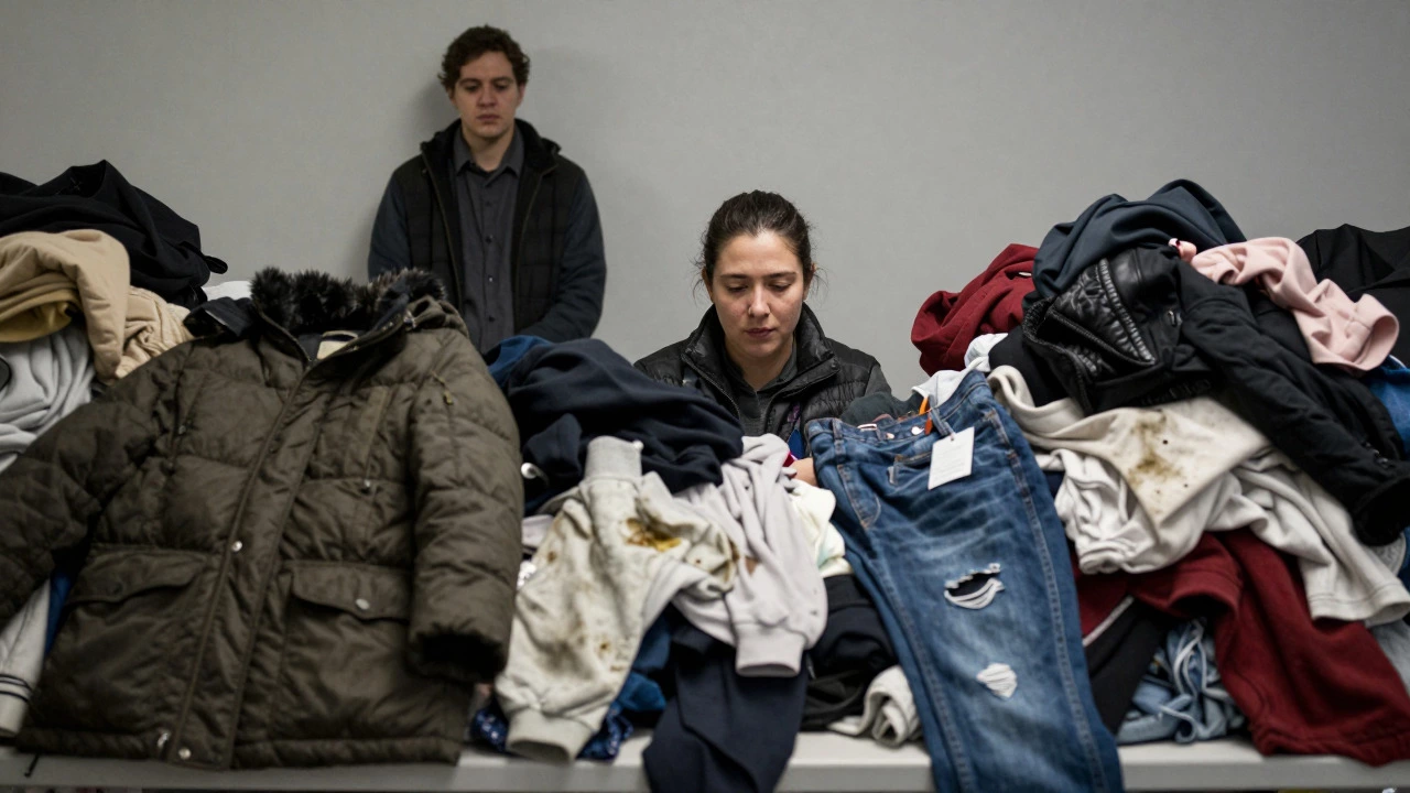 Volunteer overwhelmed by piles of unsuitable clothing donations at a shelter