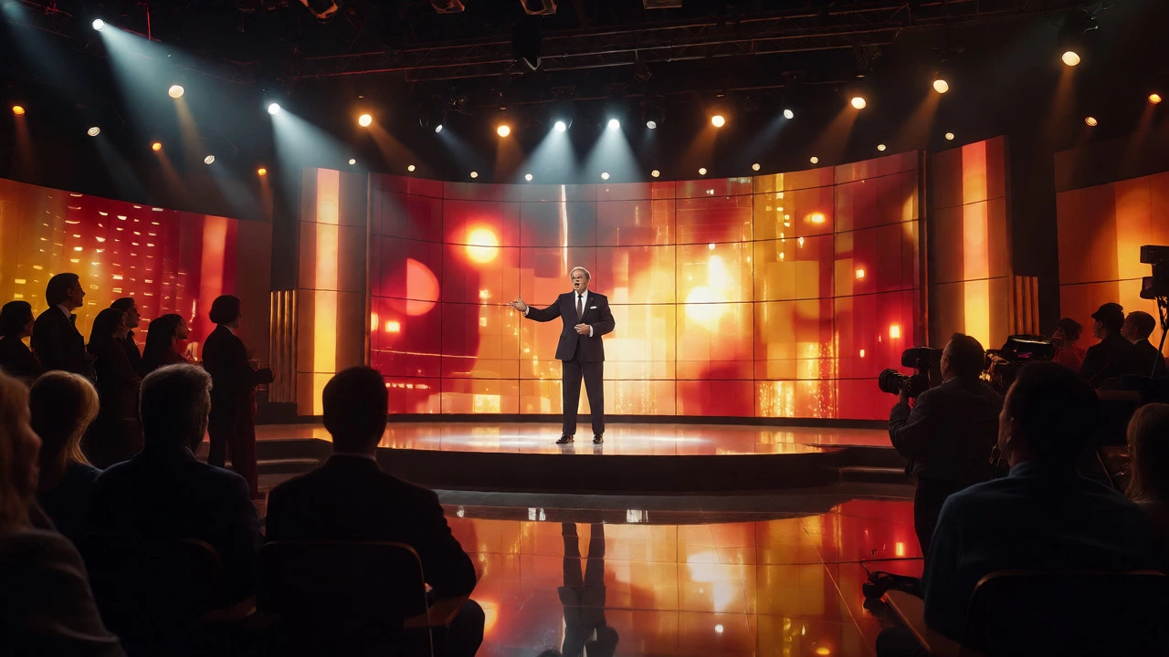 A TV host presenting a charity telethon in a brightly lit studio with a live audience.