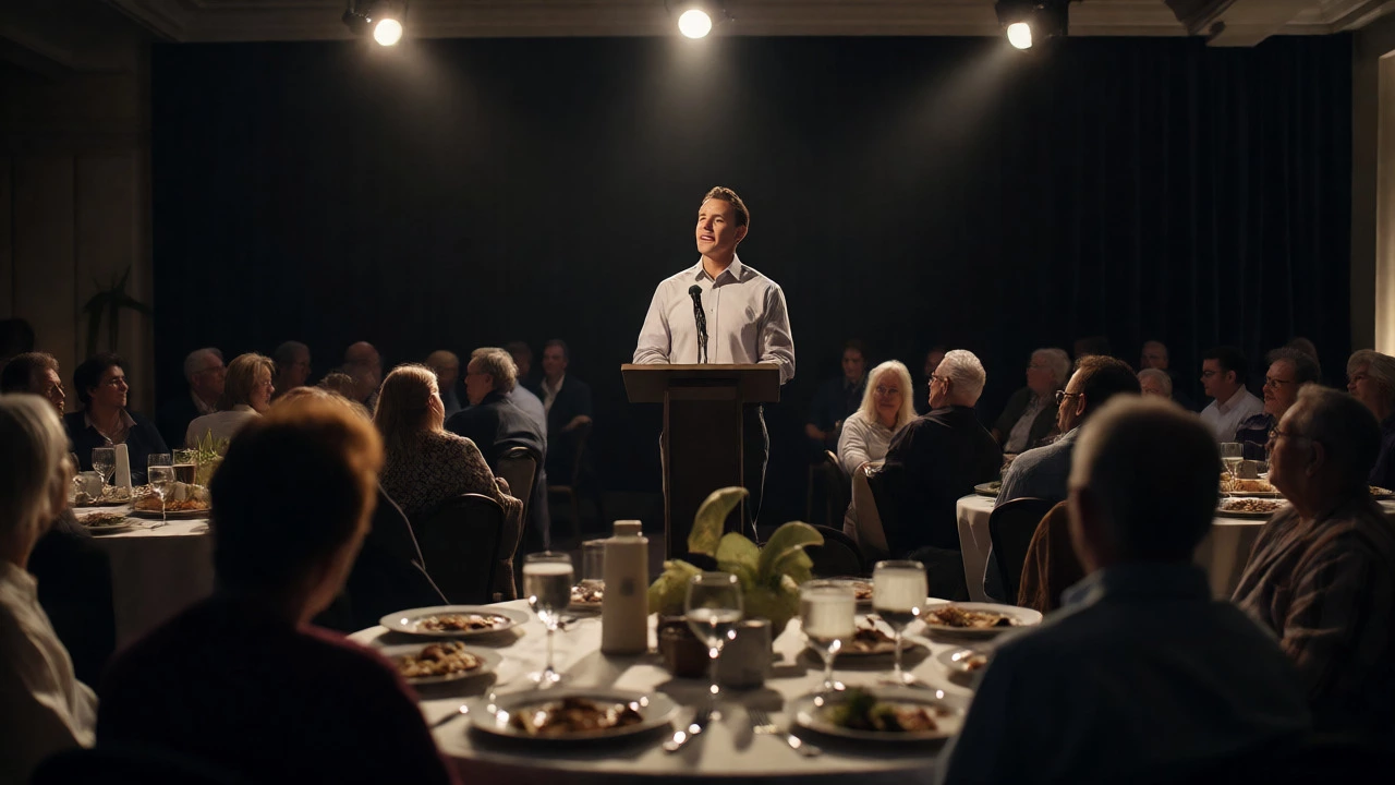 An engaged audience listening intently to a speaker during a fundraising dinner.