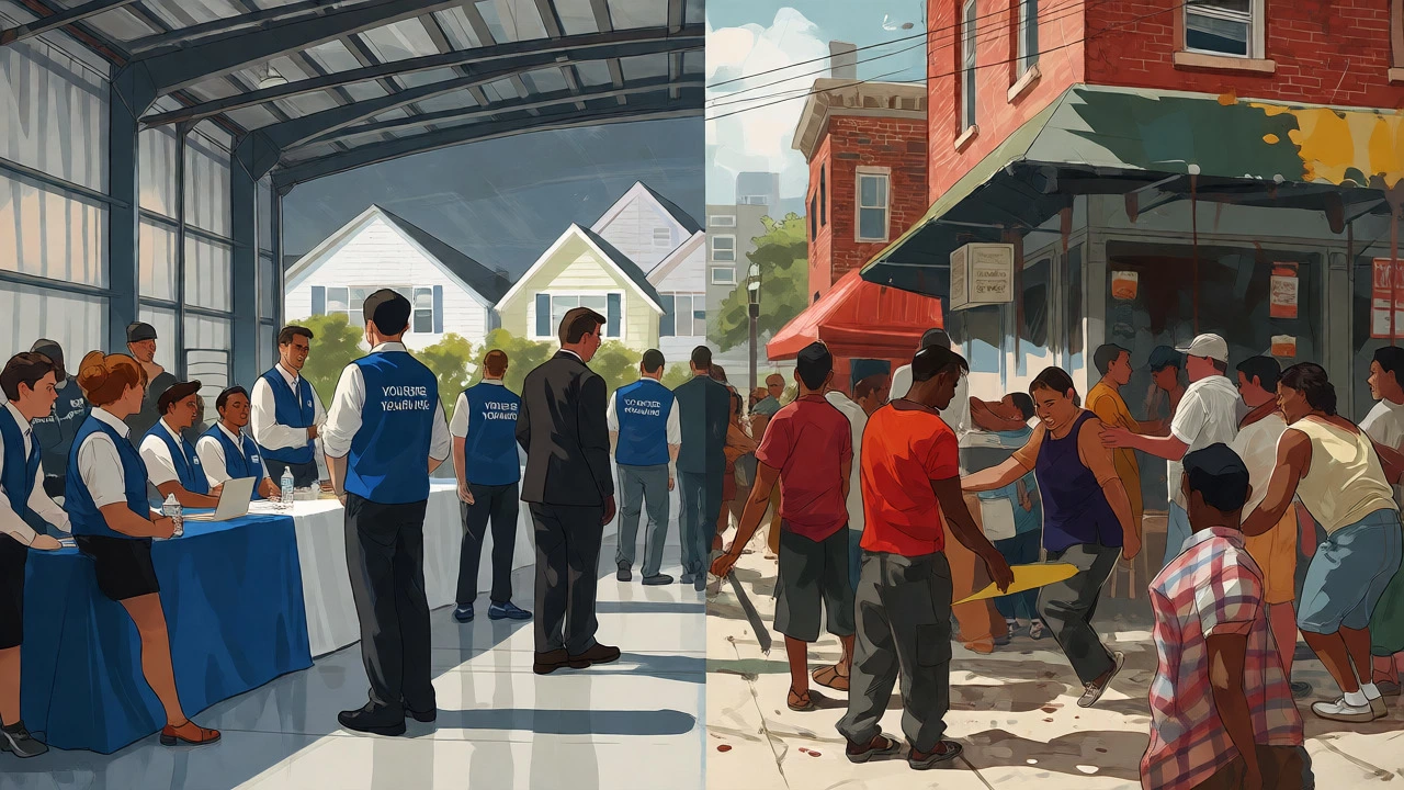 Artistic contrast between formal warehouse volunteering and informal street help