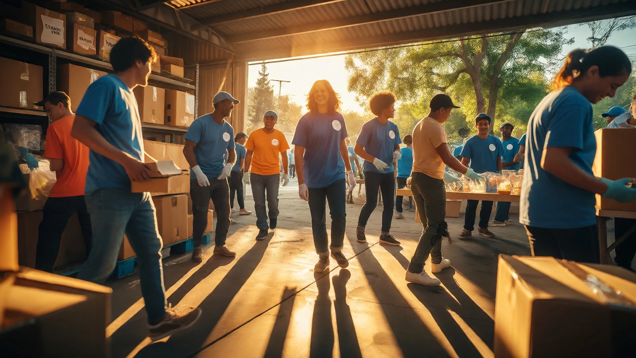 Diverse volunteers actively working together in a sunlit community project.