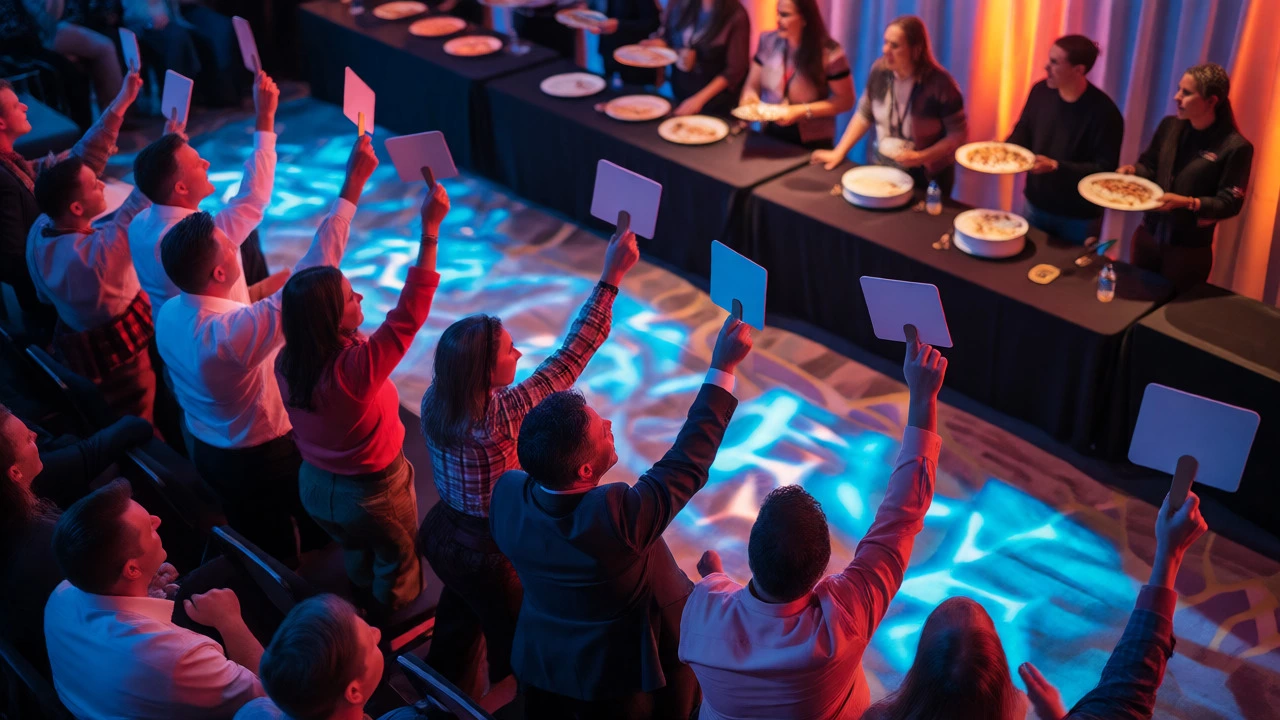 Excited attendees raising paddles during a fast-paced live auction finale.