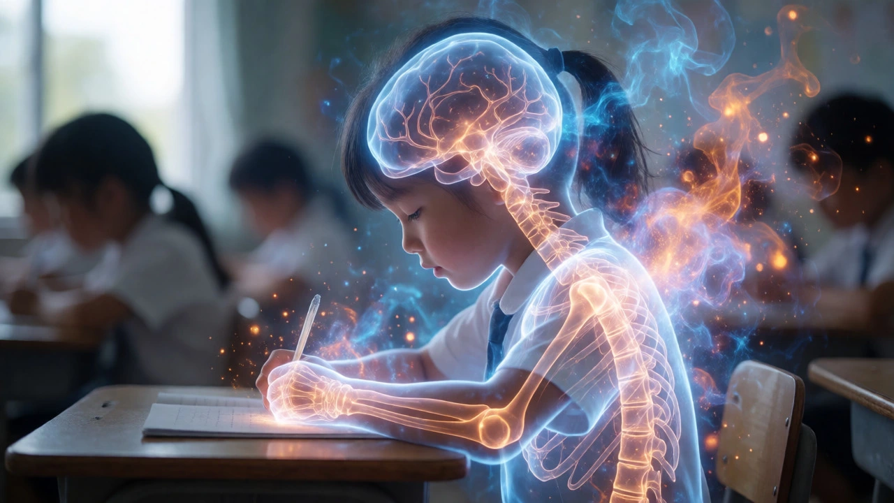 Glowing conceptual illustration of a child's body showing active neural pathways and growth energy.
