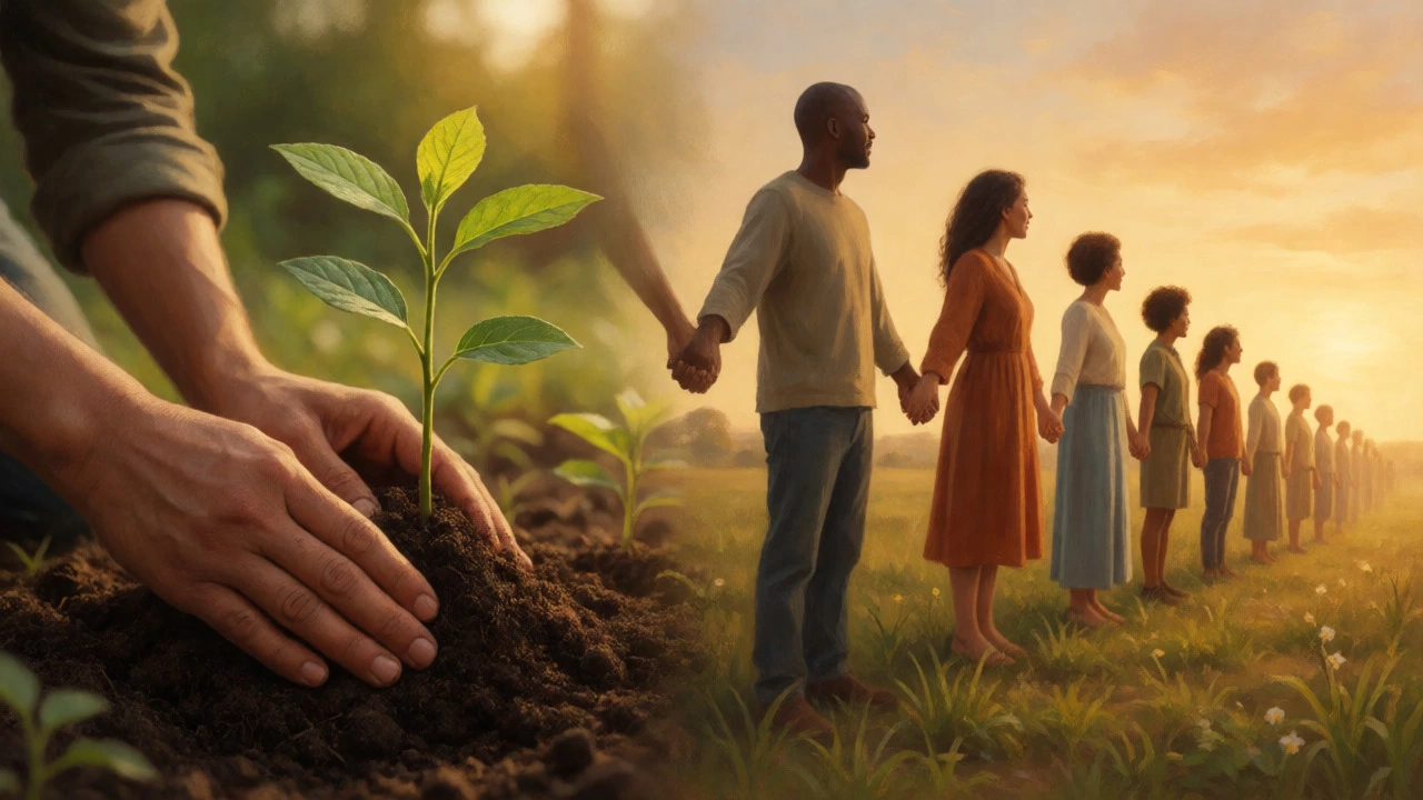 Hands planting a tree and connecting people symbolizing growth