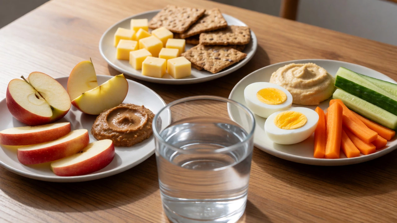 Healthy after-school snacks like apples with nut butter, cheese, and veggies arranged on a table.