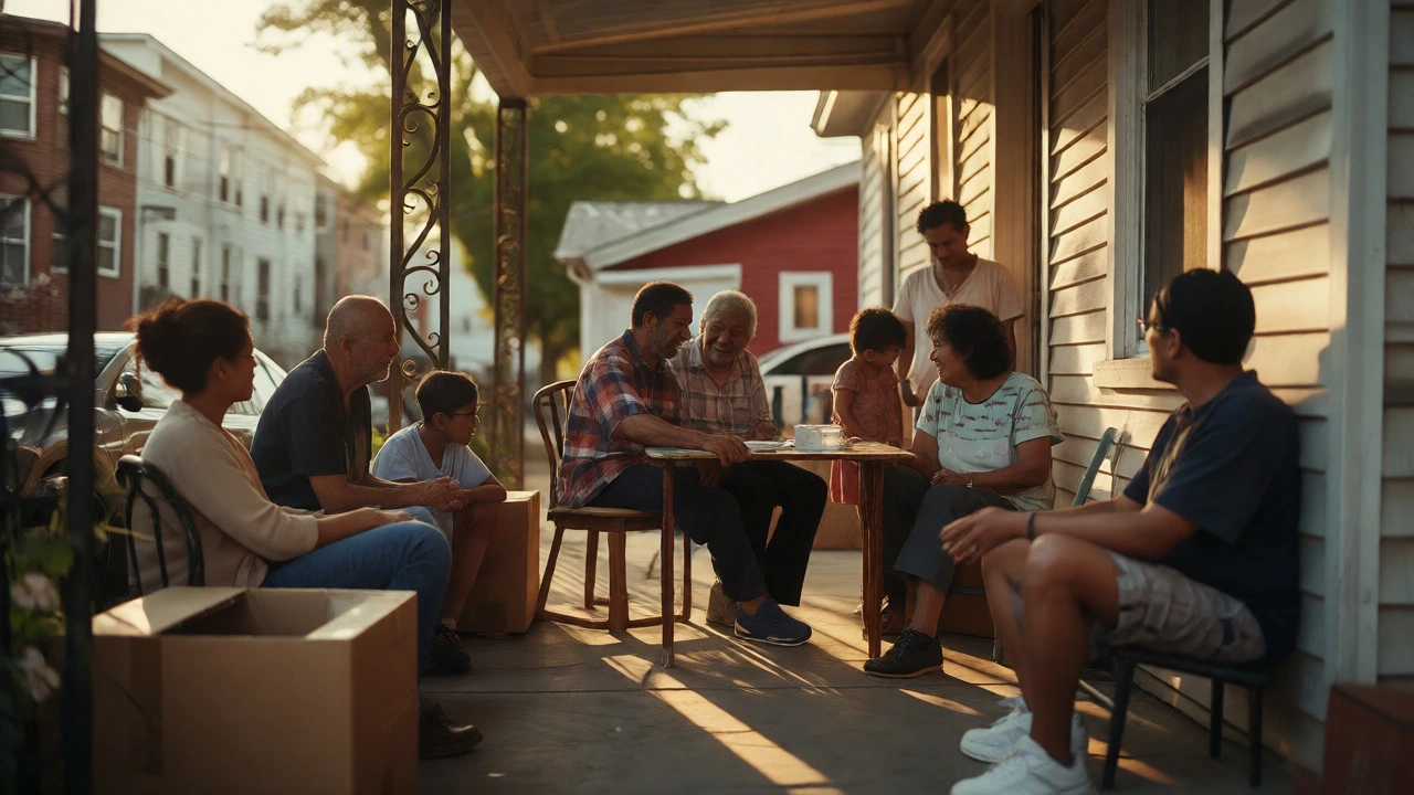 Neighbors informally helping each other move items on a porch