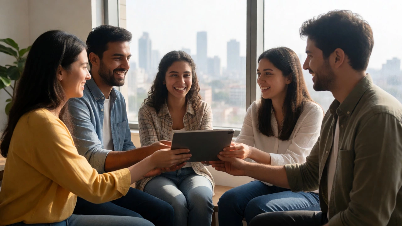 Nonprofit staff happily sharing a tablet in a bright, collaborative workspace