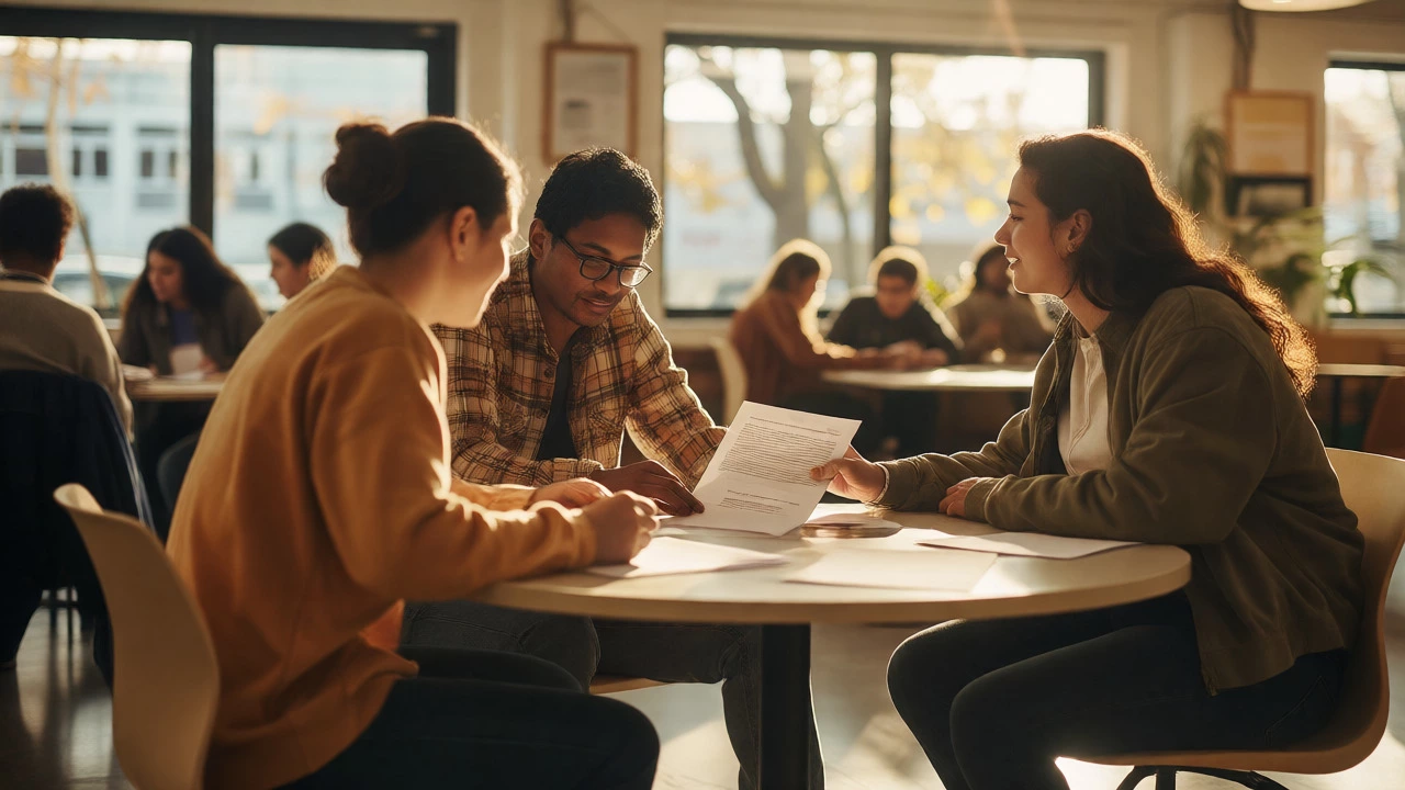 Three people discussing trust documents in a bright room
