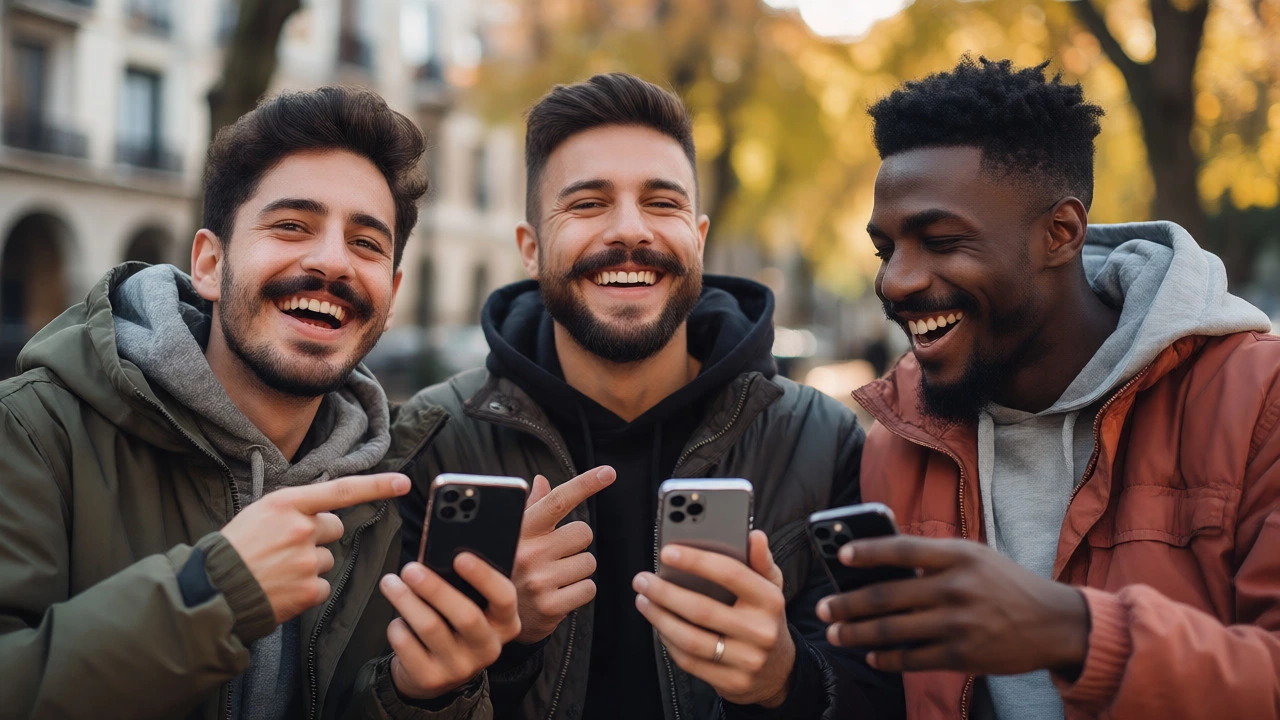 Three smiling men with mustaches using smartphones outdoors during a Movember campaign.