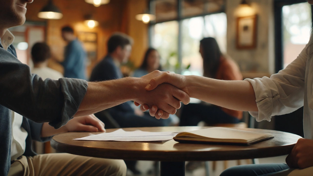 Two people shaking hands during a volunteer interview in a cafe.