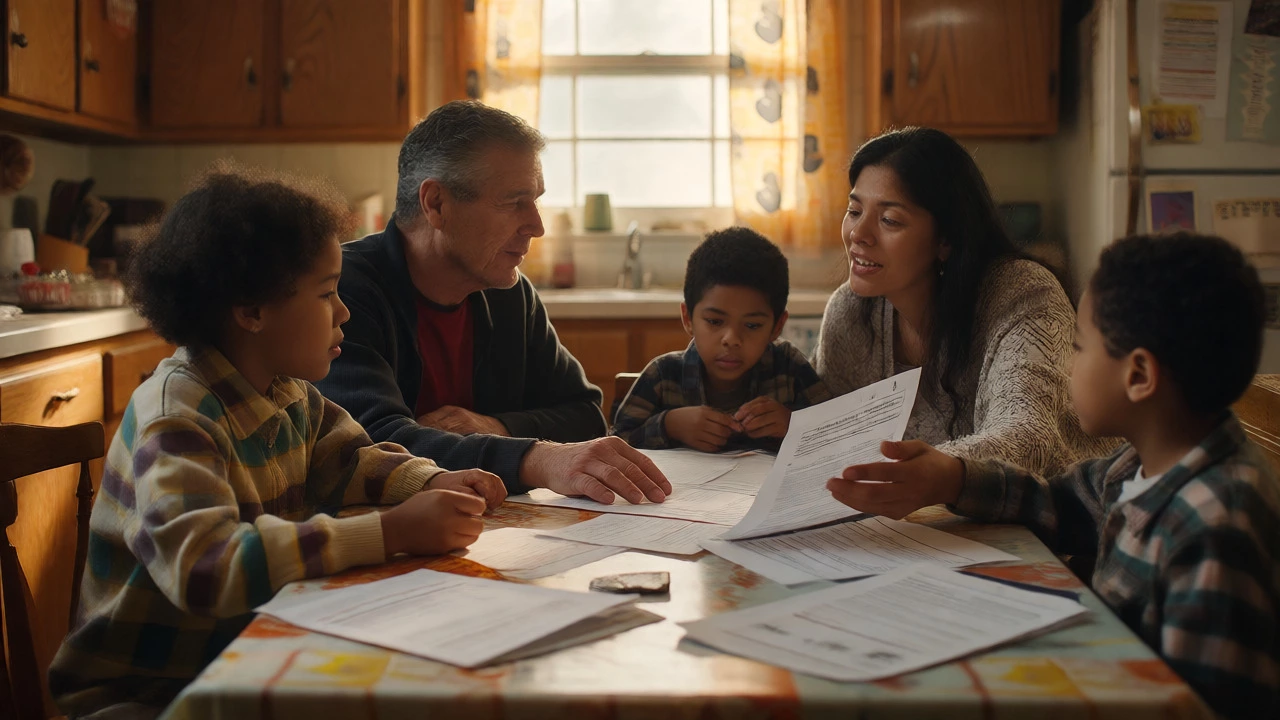A family and caseworker reviewing documents together at a kitchen table in warm light.