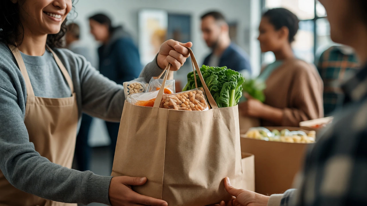 A volunteer handing a grocery bag to a recipient at a food bank counter.