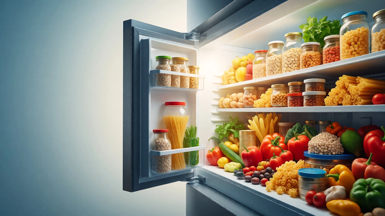 An artistic view of an open cupboard revealing neatly stacked food supplies.