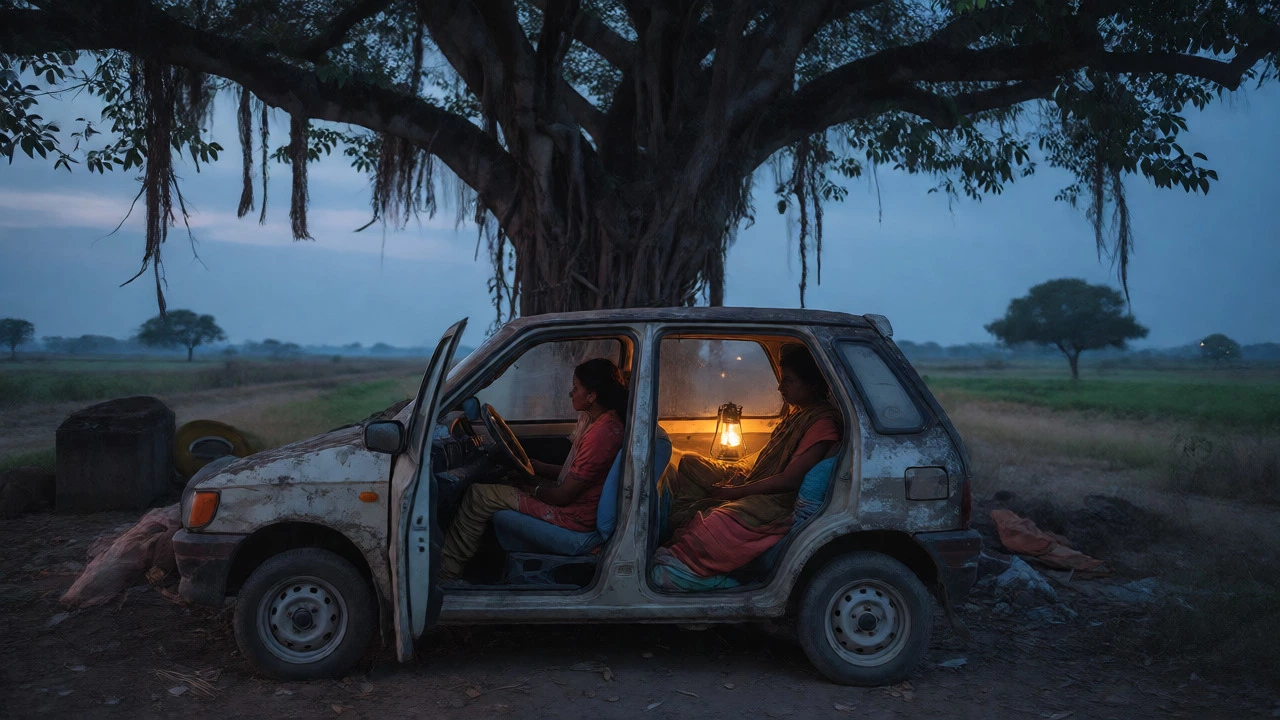 Family sleeping in a car on a quiet rural Indian highway at dusk