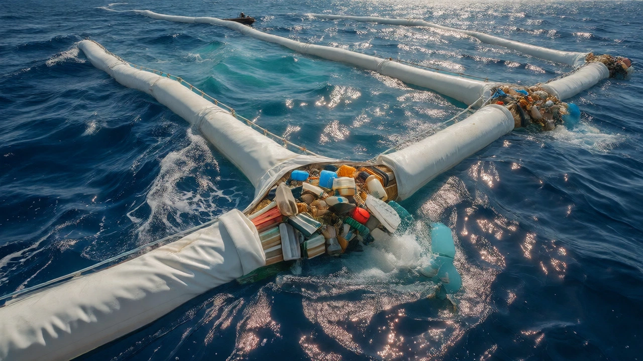Floating barriers collecting plastic waste in the open ocean under bright sunlight