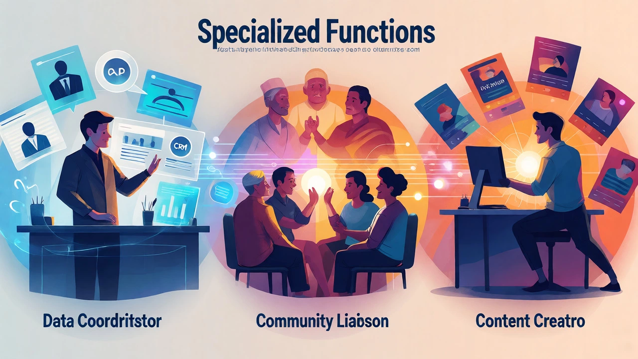 Illustration showing specialized outreach roles including data, liaison, and content creation