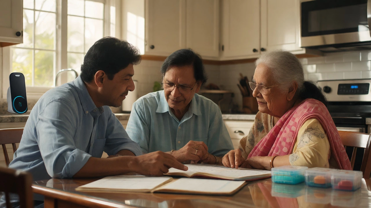 Indian family discussing care plans together in a bright, organized kitchen