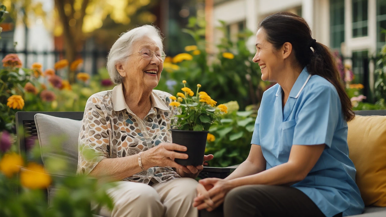 Senior woman gardening happily with a caregiver in a sunny assisted living facility