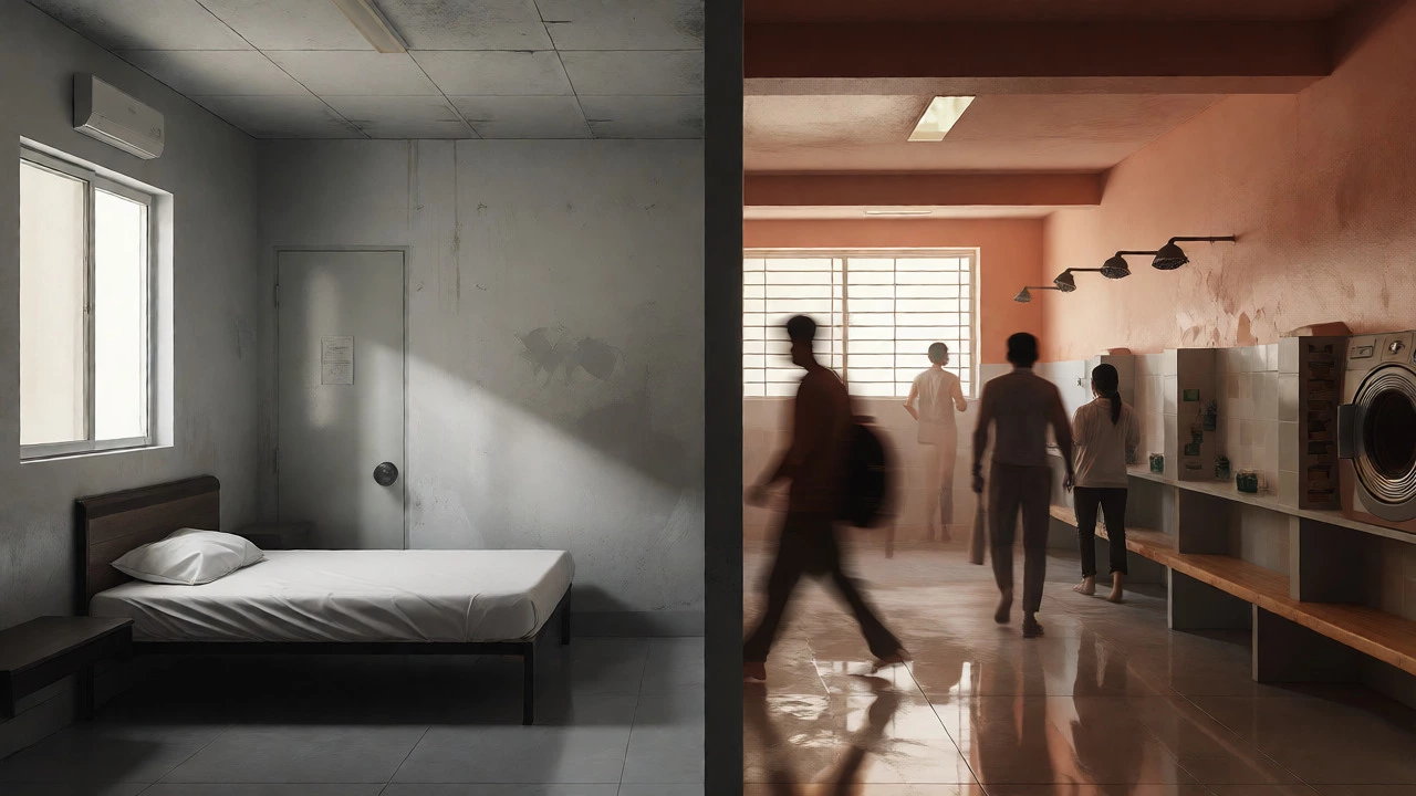 Split view of an isolated motel room and a busy community day center