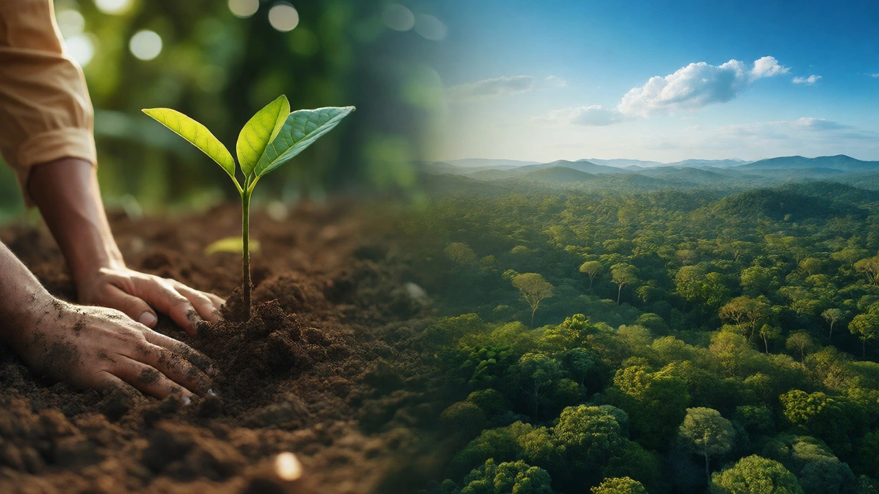 Split view showing hands planting a tree locally and a vast forest globally