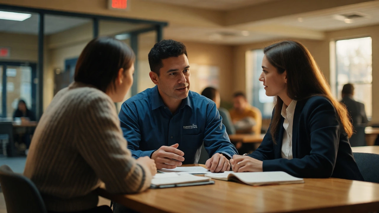 Two people discussing volunteer compensation terms in an office setting