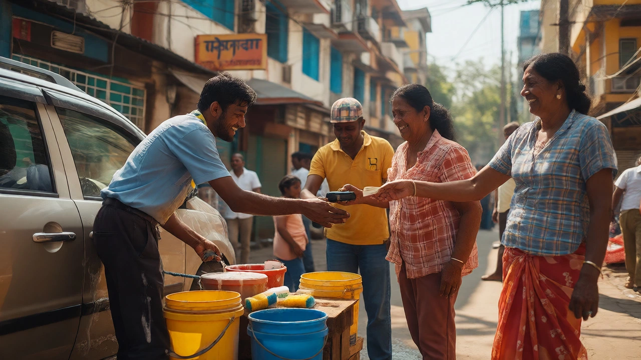 Volunteer washing car on street with happy customers paying